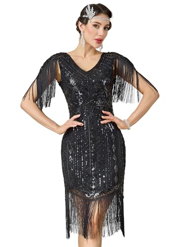 RRYIO Flapper Dresses 1920s Dresses for Women,Crew Neck Great Gatsby Dresses with Sleeve Roaring 20s Dress for Harlem Nights (Black, M)