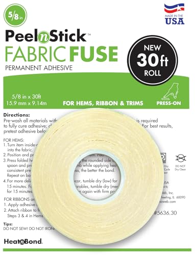 HeatnBond PeelnStick Fabric Fuse Hem Tape - Double Sided Fabric Adhesive - No-Sew No-Iron Hemming Tape - Peel and Stick Fabric Fuse - Made in USA - 5/8 x 30 ft (360 in) Roll