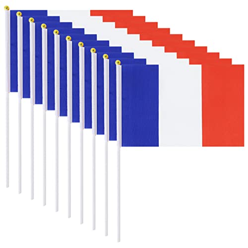 Geoyien Drapeau Francais, 10 Pièces Drapeau France, 14 x 21cm Drapeau français, avec mât, Tenant Le Drapeau français, 2022 Qatar Coupe du Monde Drapeau français Championnat dEurope événement Sportif Cover