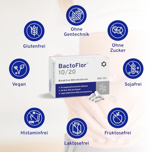 BactoFlor® 10/20 - Probiotika für Darmkur hochdosiert 100 Kapseln - Darmbakterien zur Darmsanierung & Darmflora Aufbau - 20 Bakterienstämme für den Darm - 2000 Mrd KBE/Pack. - laktosefrei, glutenfrei
