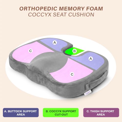 Image of Orthopaedic Memory Foam Coccyx Seat Cushion-(2 Year Warranty) - (18 inchx14 inchx3 inch) Tailbone & Sciatica Relief, Extra Support for Long Sitting,Non-Slip for Office /Home Chairs,Upto 100 kg - Velvet Grey
