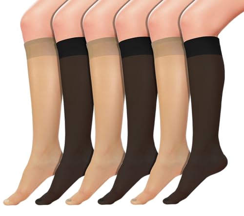 Winterlace Sheer Knee High Trouser Socks | 6 Pairs | Premium Silky Soft with Control Top Reinforced Toe (US Alpha One Size Regular Regular Black & Beige)