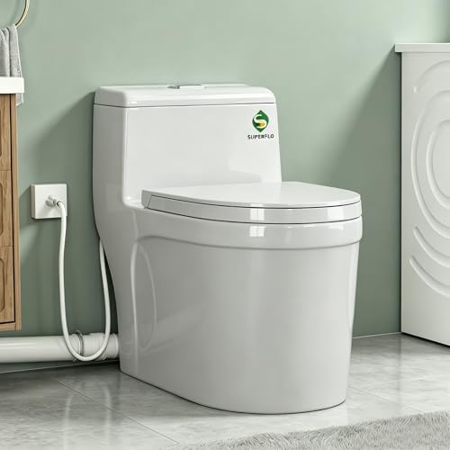 SUPERFLO Macerating Toilet System with 600W Macerator Pump One Piece Upflush Toilet for Basement Bathroom Rear Outlet Toilet with 3 Water Inlets for Sink Shower & Laundry