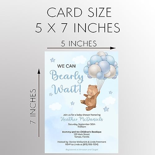 We Can Barely Wait Baby Shower Invitation Sweet Teddy Bear Balloon Invites Watercolor Boy Gray Silver Printed Cards Customized Personalized Cards (12 Count)