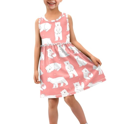 Polar Bears Girl Sleeveless Tank Dress Cute Pink Crewneck Twirl Swing Dress for Kids 3T