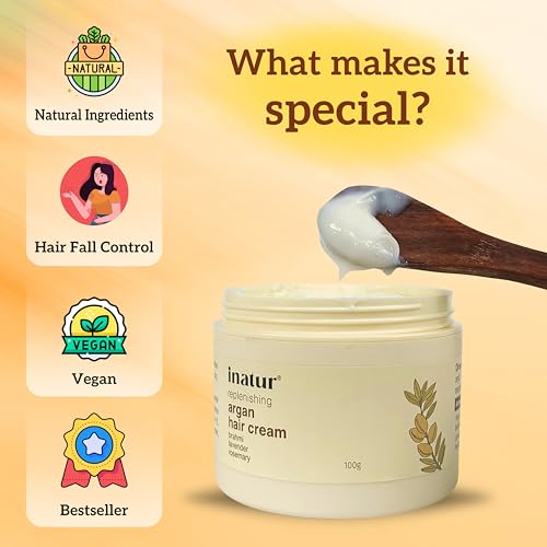 Image of inatur Argan Oil Hair Cream for Frizz Control | Natural & Vegan Styling Cream for Men & Women | Smoothens, Nourishes & Tames Dry Hair | Daily Use | 100g