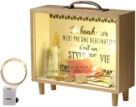 NAVESO Piggy Bank Wooden, Money Box with Led Lights, Piggy Bank for Adults Notes and Coins Can Open, Money Jar for Notes Large Clear Plastic Money Box for Kids Adult Travel Fund Bank Box Wedding Fund