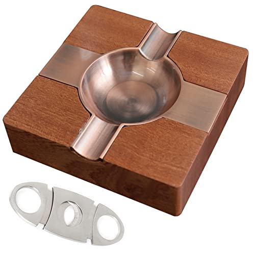 Unmbo Cendriers à Cigares En Bois Pour Extérieur Ou Intérieur,Cendrier à Cigares Carré Cool Avec Base En Bois Massif & Doublure En Métal Pour Terrasse De La Maison-Bronze rouge-12.6*12.6*3.3cm Cover