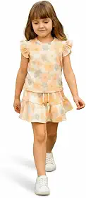 Conjunto Infantil Verão Feminino Jardim Encantado Camiseta com Babado + Short em Barra Godê Para Meninas Tamanho 1 à 7 anos