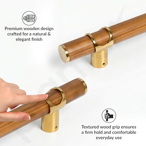 Image of Plantex 18 Inch Main Door Handle /Stainless Steel & Wooden Door Handle /Pull-Push Handle for Door /Office & Hotel - Pack of 1 (DTMD-428, Gold & Wood)