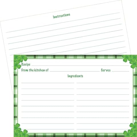 50 Premium Quality 4x6 Recipe Cards with Green Plaid and 4-Leaf Clover Design - Perfect for Saint Patrick's Day Recipes, Beige Cover