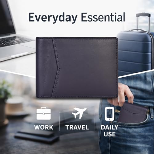 Image of Contacts Men's Genuine Leather Wallet | RFID Blocking Bifold Wallet for Men | Up to 8 Card Slots Including 1 ID Window (Blue)