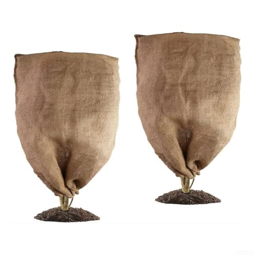 Lot de 2 housses réutilisables en toile de jute pour l'hiver, sacs de protection contre le gel avec cordes à nouer pour protéger les plantes du froid (80 x 100 cm)
