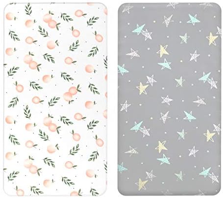 Designthology (U.S.) Baby Cotton Muslin Fitted Crib Sheet for Standard Crib and Toddler Mattresses for Boys and Girls, Floral Collection Orange & Gray Stars
