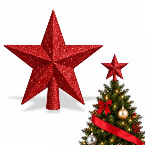 Estrella roja con Purpurina para la Punta del árbol de Navidad, Estrella para arbol de Navidad, Accesorios de Navidad, Longitud 19 cm, Color Rojo con Purpurina