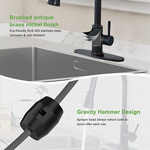 Phichi Oil Rubbed Bronze Kitchen Faucet With Pull Down Sprayer, High Arc Stainless Steel Pull Out Single Handle 1 Or 3 Hole Sink Faucets With Deck Plate And Hot & Cold Water Supply Lines #TOP4