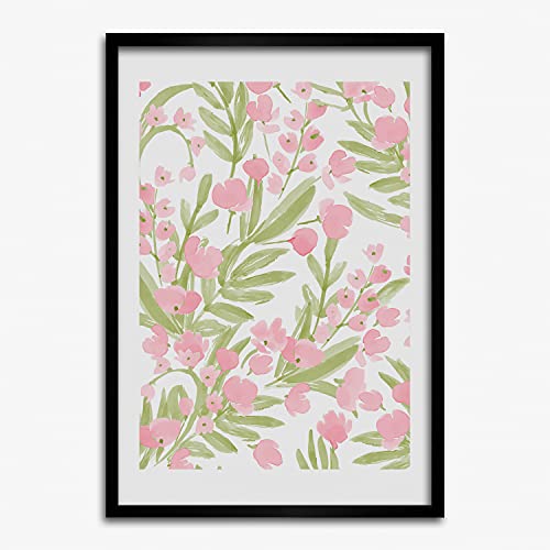 Peinture fleurs roses 50x70 cm avec cadre bois pour habiller un mur blanc vide