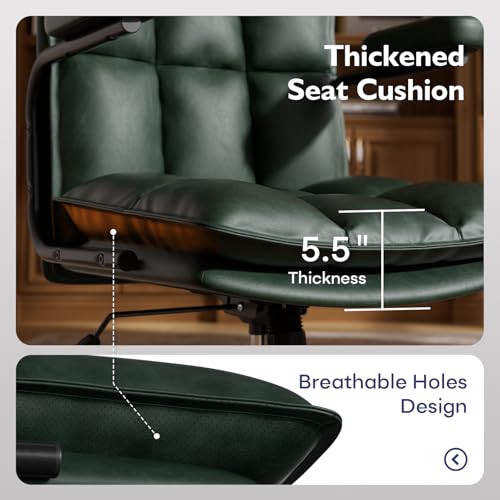Image of Ollega Mid Century Modern Desk Chair, Vintage Leather Office Chair, Green | Petite Computer Chair for Small to Medium Women, Thickened Back, Cozy Seat, Adjustable Height for Home