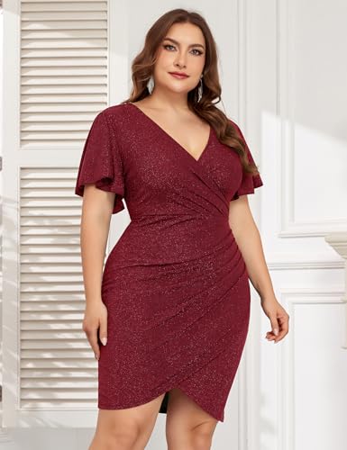 Image of ZOMVA Plus Size 0X-4X Sparkly Glitter Ruched Bodycon Mini Dress Sparkle Sequin Wrap Ruffle Sleeve Dress Cocktail Party Formal