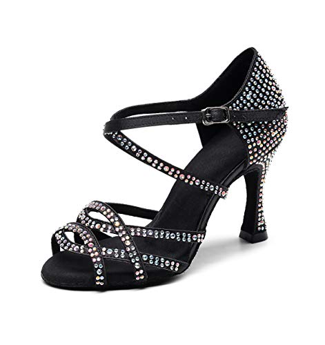 Goettin Dance Shoes with Color Diamond Fashion Latin Dance Shoes Silk Material high Heel 9cm (US8.5) Black