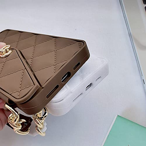 Omio for iPhone 15 Pro Max Wallet Case with Card Holder Luxury Chain Case with Long Pearl Shoulder Crossbody Lanyard Wrist Strap Soft Silicone Handbag Cover for iPhone 14 Pro Max Women Brown