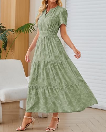 Image of Women's Maxi Dresses Boho Burnout V Neck Short Puff Sleeve Smocked Empire Waist Long Wedding Guest Semi Formal Dress Pockets