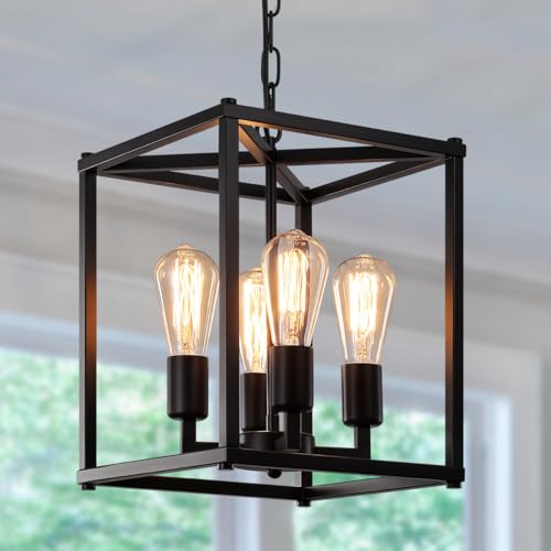 Black Chandelier Dining Room Light Fixtures,4-Light Farmhouse Chandelier Metal Cage Hanging Pendant Lighting Adjustable Height,Industrial Hanging Lights for Kitchen Island Dining Room Hallway Foyer