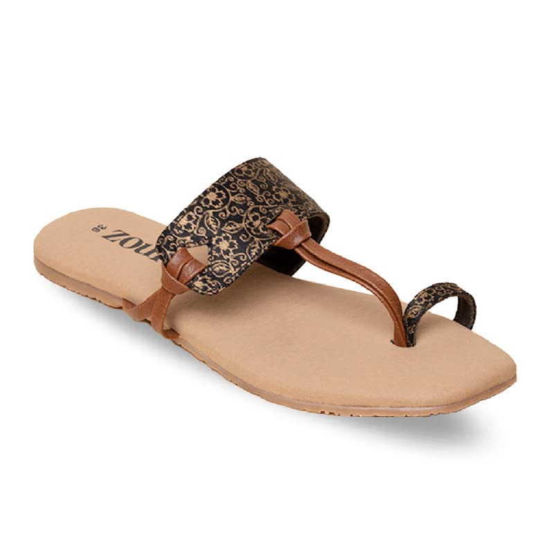 Image of ZOUK Womens Charminar Jaali Women's Chappals Black and Golden Flat Sandal
