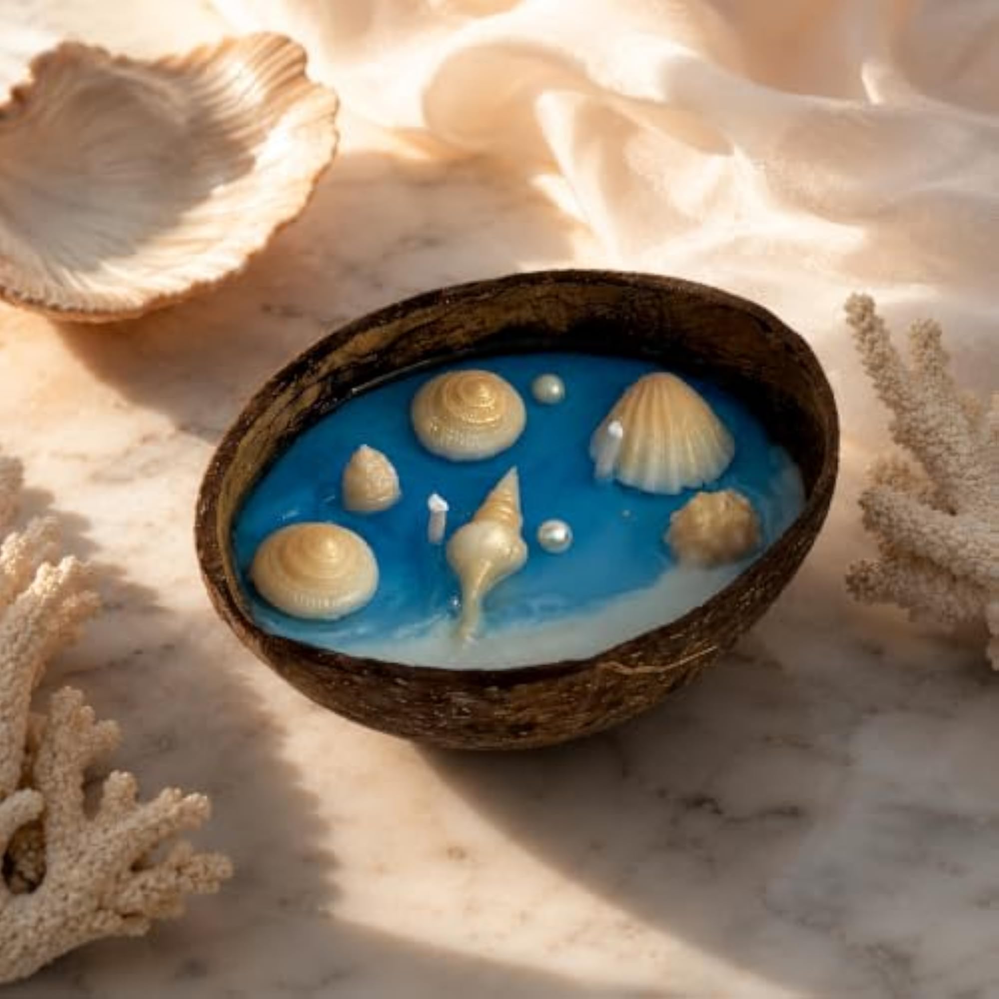 Ocean Breeze Coconut Shell Candle with Seashell Wax Details