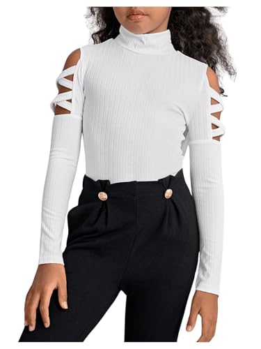 Image of RoseSeek Girl's Long Sleeve Mock Neck Ribbed Knit Tee Shirts Crisscross Cold Shoulder Tops White 11-12Y
