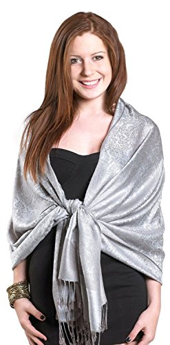 Gilbin Luxurious Paisley Design 28 x 70 Silk Blend Pashmina Shawl Wrap , Silver