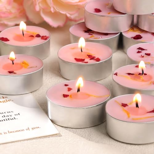 HAVITI 15 Pcs Rose Scented Tealight Candles, Tea Lights Candles, 4H Smokeless Palm Wax Pink Tea Candle for Weddings,Christmas,Spa, Bath