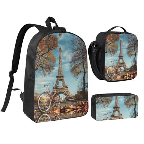 Sac à dos tour Eiffel 43 cm avec boîte à déjeuner et trousse scolaire noire