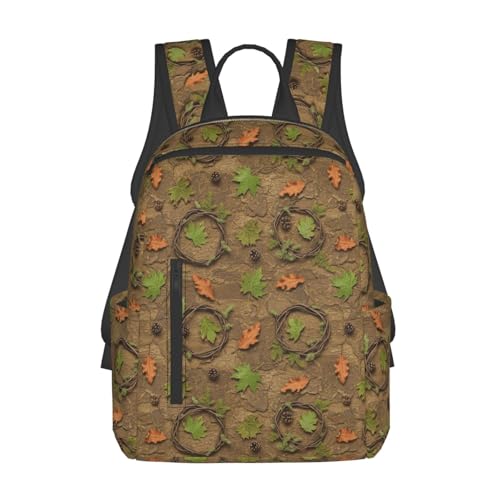 Lightweight Travel Backpack with Bottle Side Pockets, Perfect for Outdoor Adventures, Camo Trees Leaves Hunting Camouflage Daypack Rucksack