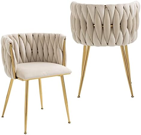 NIOIIKIT Modern Velvet Dining Chairs Set of 2 Hand Weaving Accent Upholstered Side Chair with Golden Metal Legs for Dining Room Kitchen Vanity Living Room(Ivory)