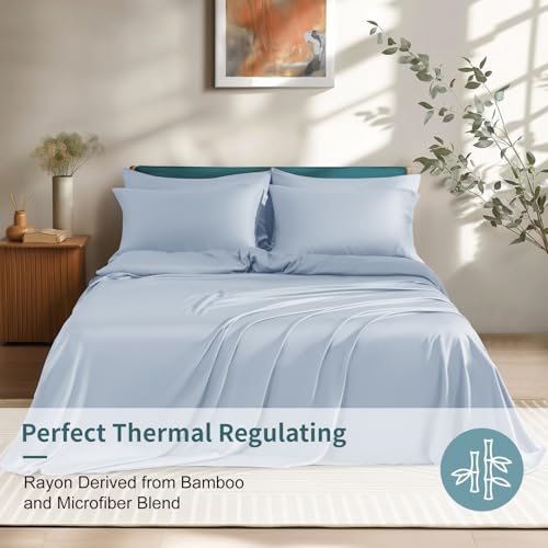 Image of Shilucheng 6 Piece Queen Sheet Sets, Cooling Sheets, Blend Rayon Derived from Bamboo, Deep Pocket Up to 16 inch, Breathable & Soft Bed Sheets, Hotel Silky Bedding Set, Sky Blue