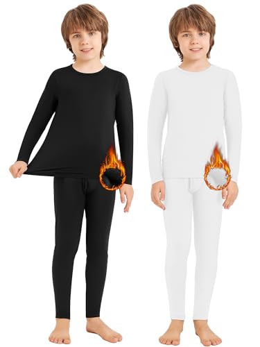 Silkfly 2 Sets Boys Thermal Underwear Fleece Lined Compression Shirt Leggings Pants Kids Base Layer