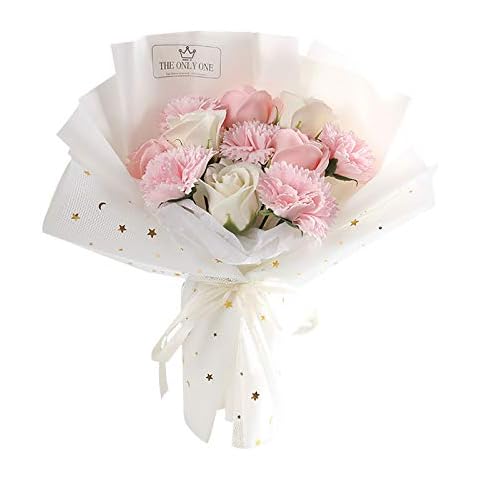 BOTCAM Flower Bouquet Pink Carnation Day Soap Gift Rose Preserved Home Decor Pot Pourri Spring (White #3, One Size) Cover