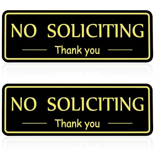 Image of MOWPOG 2 Pack No Soliciting Sign Sticker for House Front Door, Black /Gold | 7.9 inchx2.8 inch Thick Acrylic, Strong Self-Adhesive, Weatherproof & Sturdy, for Home, Office, Wall, Keep Solicitors Away