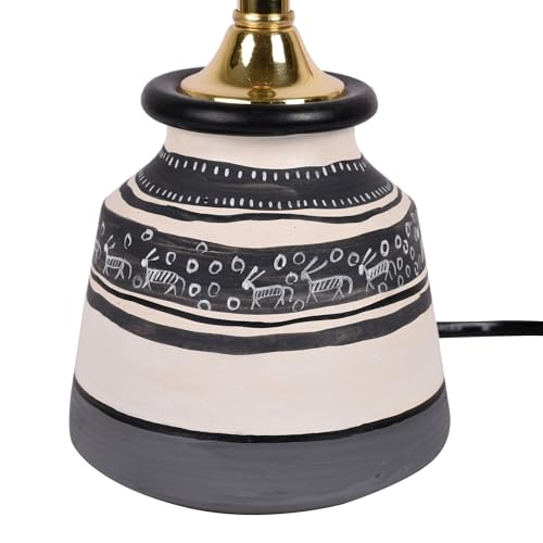Image of AAKRITI ART CREATIONS Terracotta Table Lamp for Study Room, Bedroom & Living Room Decoration | Warli Black Pottery Floral Bedside Lamp with Cotton Fabric Shade | Aesthetic Night Lamp