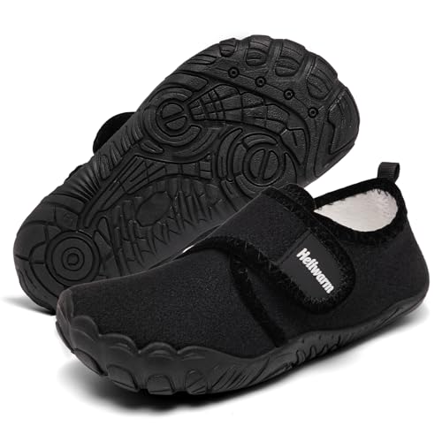 Heiiwarm Boys Winter Slippers Comfortable Warm House Wide Toe Shoes Girls Lightweight Non-slip Indoor Home Slippers Big Kid Black 4.5