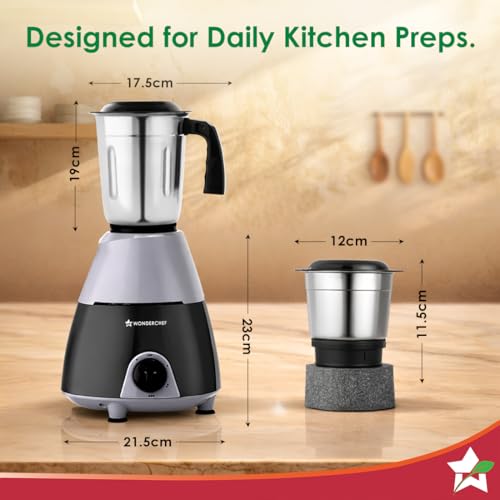 Image of Wonderchef Vista Neo Mixer Grinder for Kitchen, 500W, 2 Multi-purpose Jars, Stainless-steel Blades for Masala, Chutney, Idli /Dosa Batter, Puree, Paste, 3-Speed Control, Pulse Function, 2-Yr Warranty