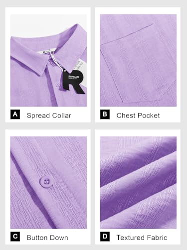 Runcati Mens Button Down Shirts Casual Short Sleeve Shirt Textured Linen Summer Beach Tops with Pocket Light Purple