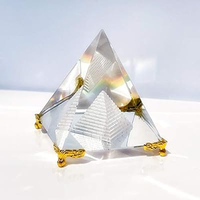 Crystal Pyramid Prism, Feng Shui Crafts Meditation Crystal with Gold Stand for Home Office Art Decor, Pyramids Gift, Stand for Prosperity, Positive Energy and Good Luck(2.36inch/60mm)