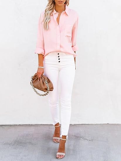 siliteelon Button Down Shirts for Women Cotton Dress Shirts Long Sleeve Blouses Solid Casual Collared Tops with Pockets - Image 4