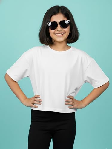 Image of KiddoPanti Girls 100% Cotton Solid Drop Shoulder Half Sleeve Round Neck Crop Tee