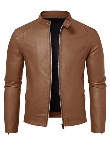 Image of Zbrandy Mens Leather Jacket Faux Leather Motorcycle Jackets Stand Collar Biker Coat Outwear Brown M