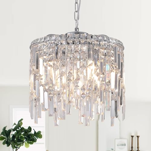 Chrome Crystal Chandelier Small Crystal Pendant Light Fixture 16' Raindrop Flush Mount Hanging...