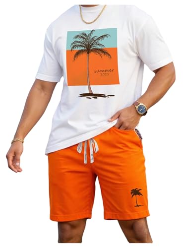 Men's Casual Outfits 2 Piece Set Short Sleeve Tropical Graphic Tees and Beach Shorts