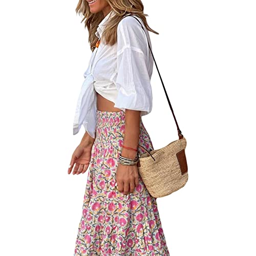 Womens Flowy Maxi Skirt Vintage Floral Print High Waist Elastic A Line Boho Beach Holiday Long Skirts4
